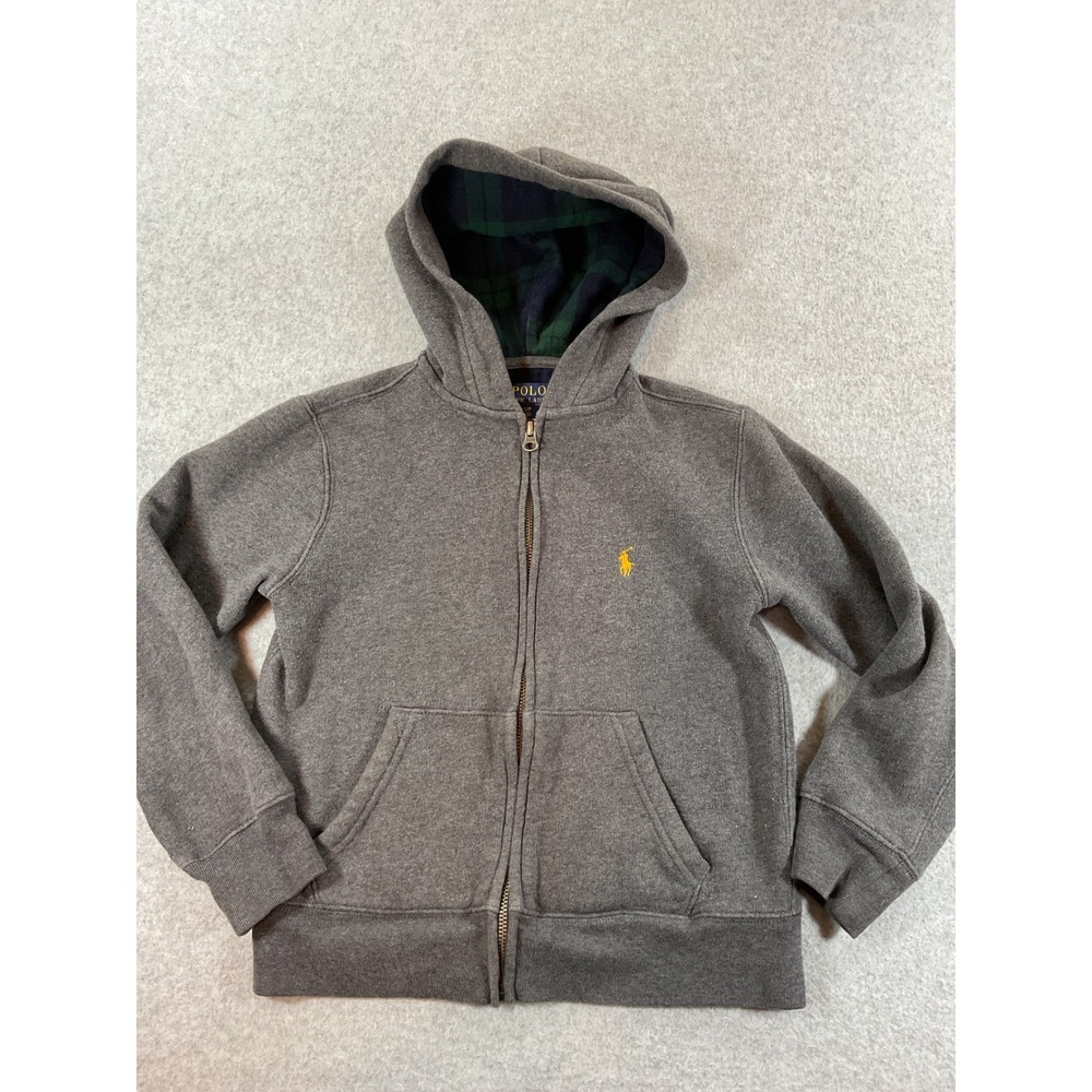 Polo Ralph Lauren Kids Gray Full Zip Hoodie Plaid Lined Hood Y Pony 8 S #728